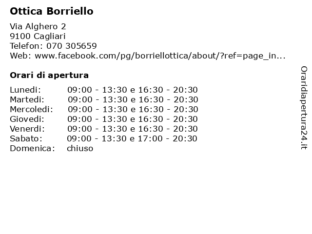 Orari di apertura Ottica Borriello Via Alghero